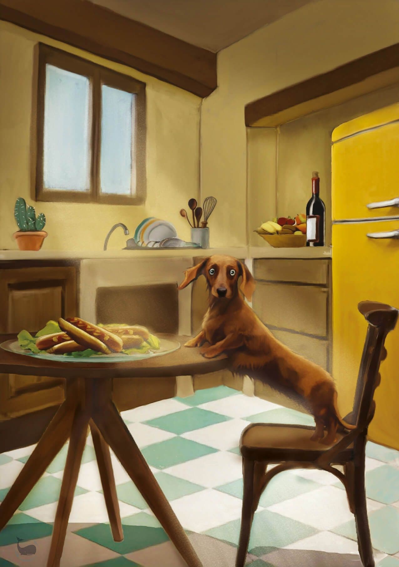 "Teckel sur scène" par Zargui, cette illustration représente un chien appuyé sur une table dans une cuisine