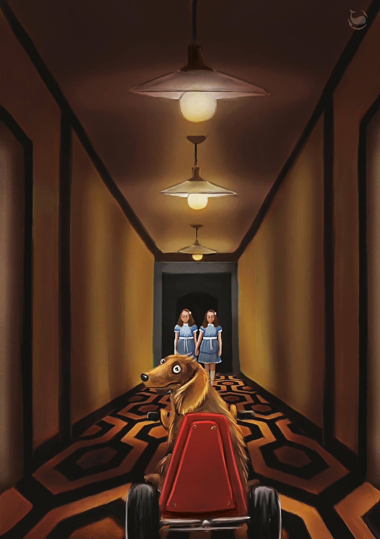 "Teckel sur scène" par Zargui, cette illustration représente un chien dans le film Shining