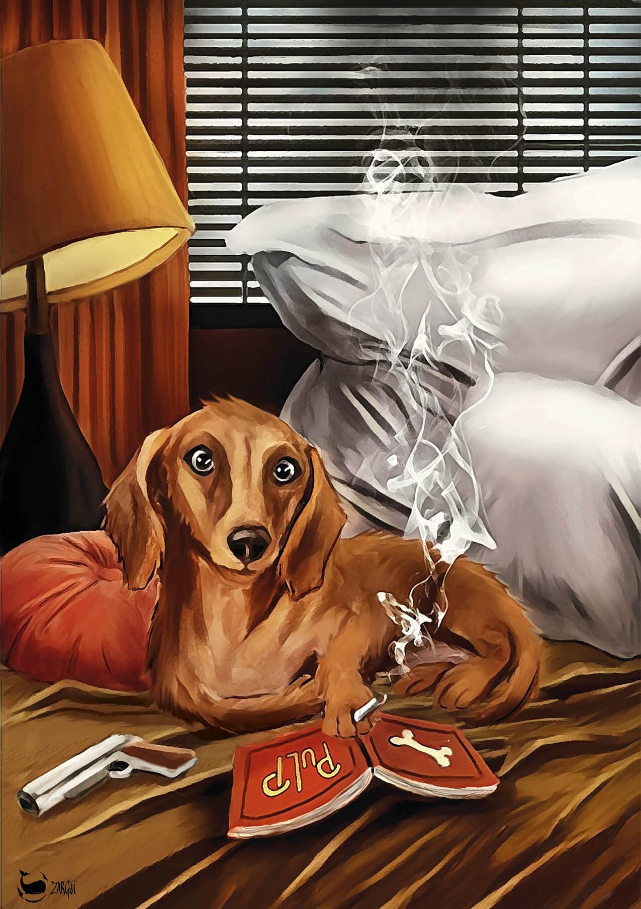 "Teckel sur scène" par Zargui, cette illustration représente un chien dans le film Pulp Fiction