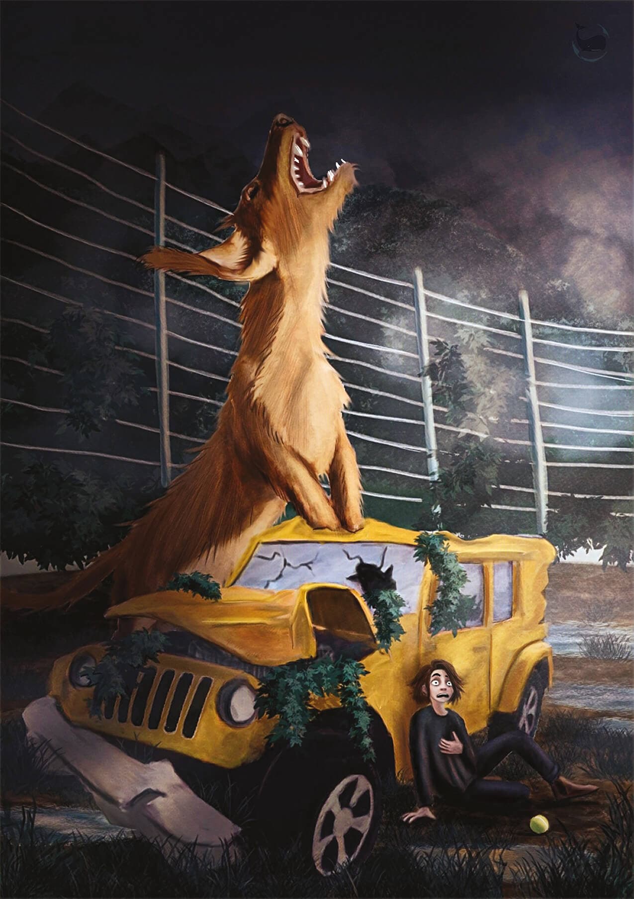 "Teckel sur scène" par Zargui, cette illustration représente un gros chien dans le film Jurassic Park