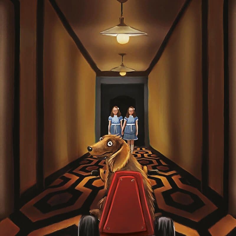 "Teckel sur scène" par Zargui, cette illustration représente un chien dans le film Shining
