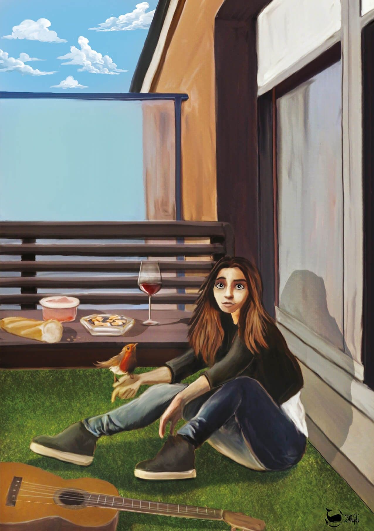 "Rencontre" par Zargui, cette illustration représente une femme assise sur un balcon tenant un oiseau dans sa main.