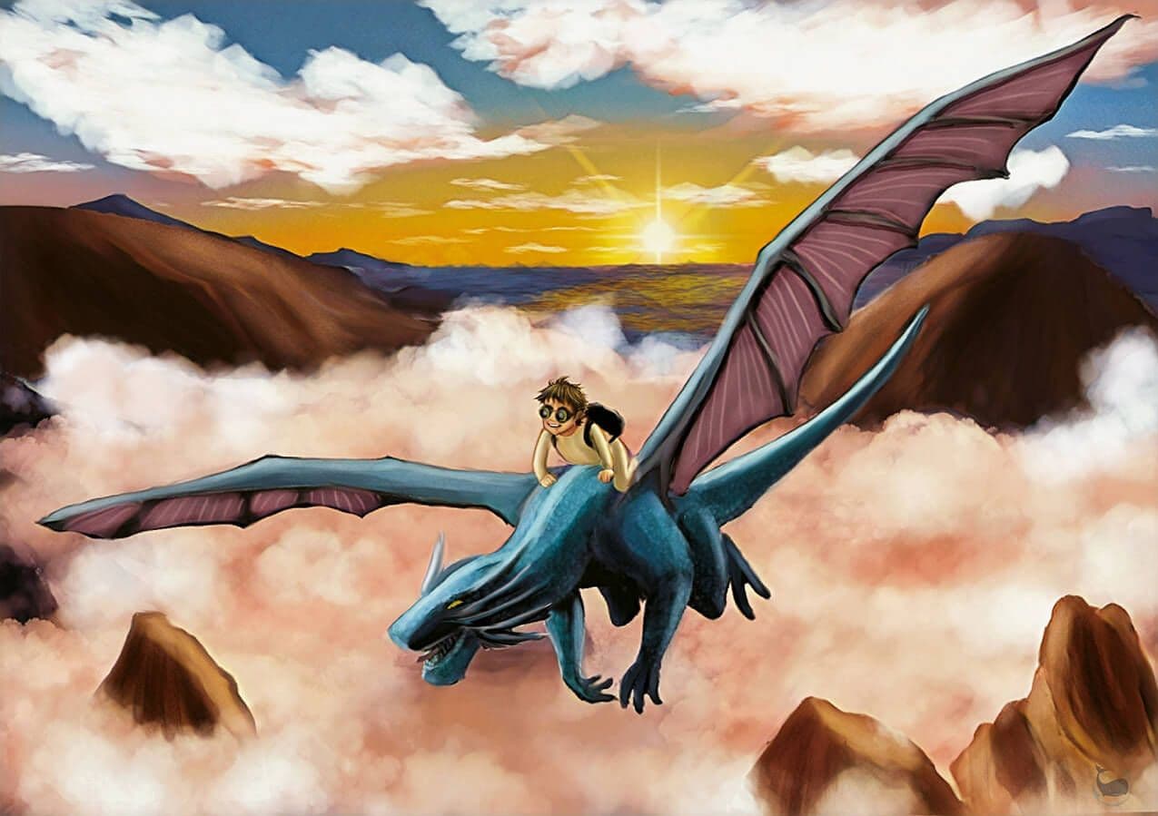 "Gabien et le dragon" par Zargui, cette illustration représente un petit garçon sur le dos d'un dragon au milieu des nuages