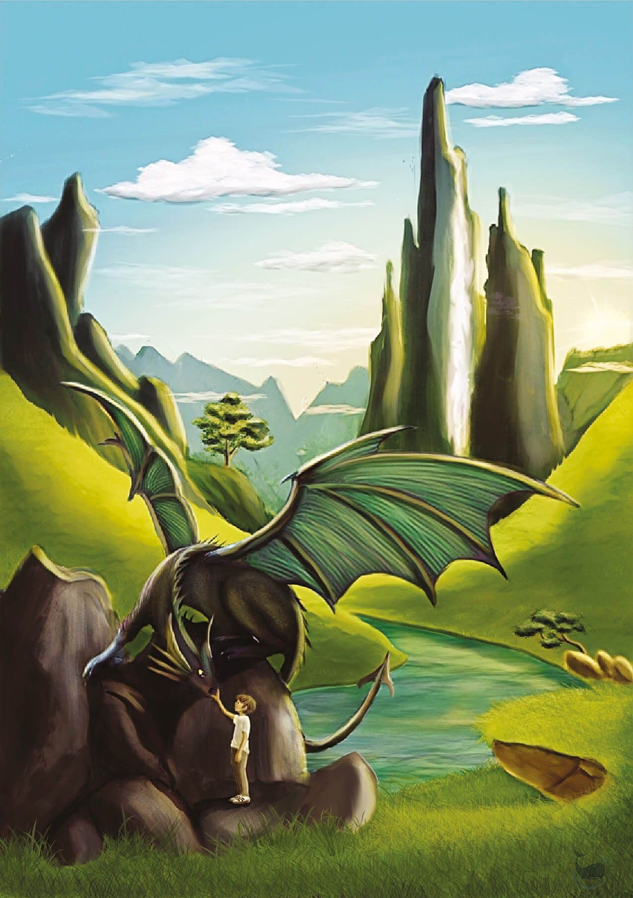 "Gabien et le dragon" par Zargui, cette illustration représente un petit garçon et un dragon au milieu des montagnes