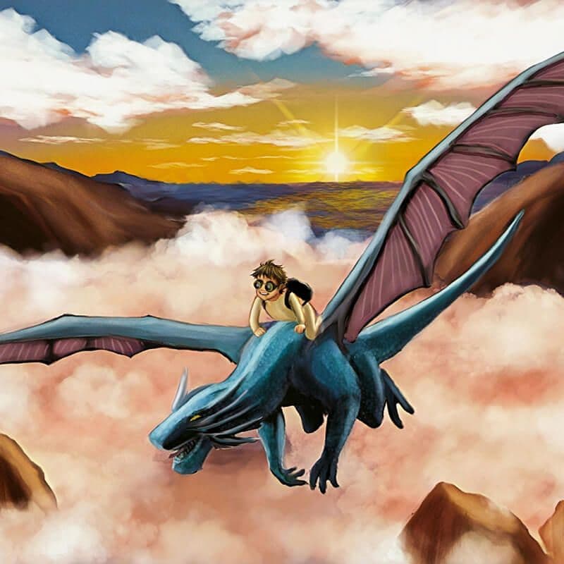 "Gabien et le dragon" par Zargui, cette illustration représente un petit garçon sur le dos d'un dragon au milieu des nuages