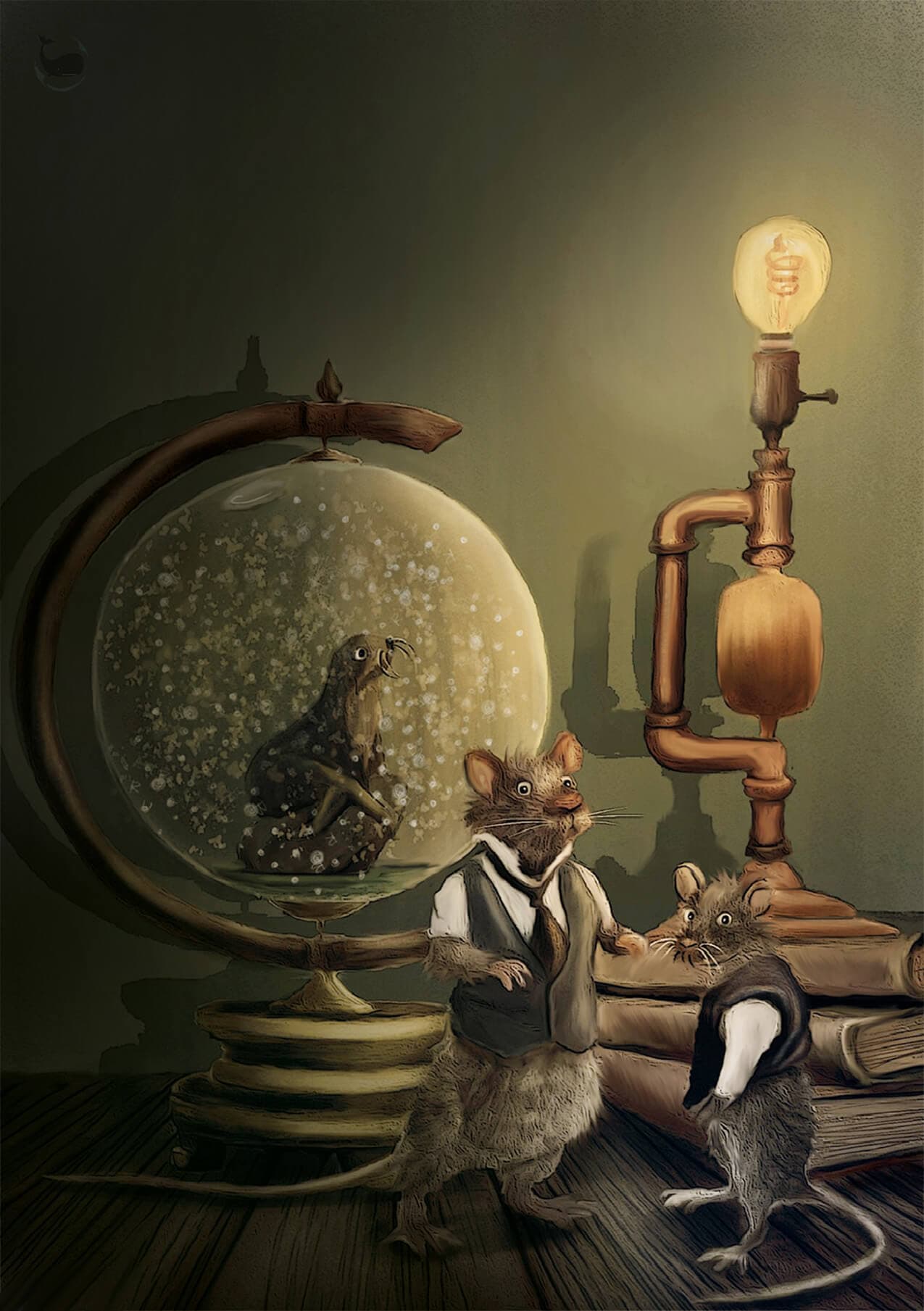 "Complot de rats" par Zargui, cette illustration représente deux rats vêtus de costards au milieu d'un décor steampunk